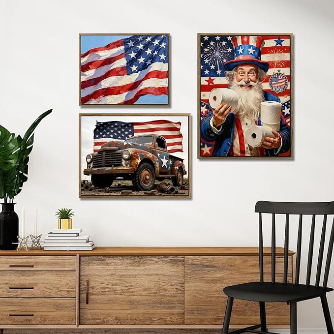 American Flag Framed Canvas Wall Art, 4th of July Patriotic Canvas Prints | Humorous Uncle Sam Toilet Paper Poster Print, Independence Day Wall Decor for Bedroom Bathroom Living Room 24×36in