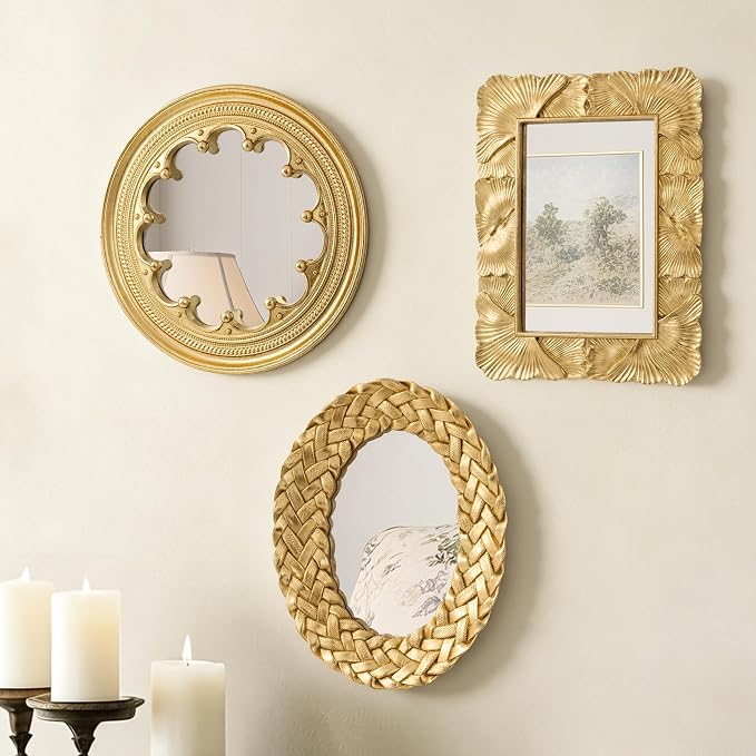 AELS 3 Pack Small Antique Gold Mirror Wall Decor, Wall Hanging Mirror Decor, Luxury Home Decor, Vintage Wall Mirror Set of 3, Small Decorative Mirrors for Living Room Entryway Bedroom