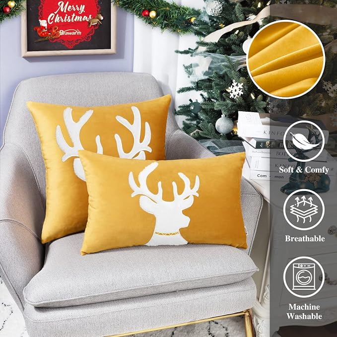 BRAWARM Christmas Pillow Cover 20 X 20 Inches, Gold Reindeer Embroidered Pillow Cover, Soft Velvet Decorative Throw Pillow for Couch Bed Sofa Living Room Home