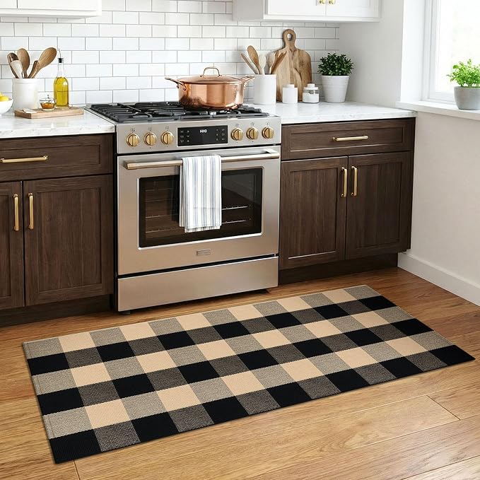 KOZYFLY Buffalo Plaid Area Rugs 2x4.3 Ft Brown and Black Rug Front Door Mat | Washable Front Door Rug, Woven Cotton Indoor Outdoor Rug, Front Porch Kitchen Entryway Patio Farmhouse Checkered Doormat