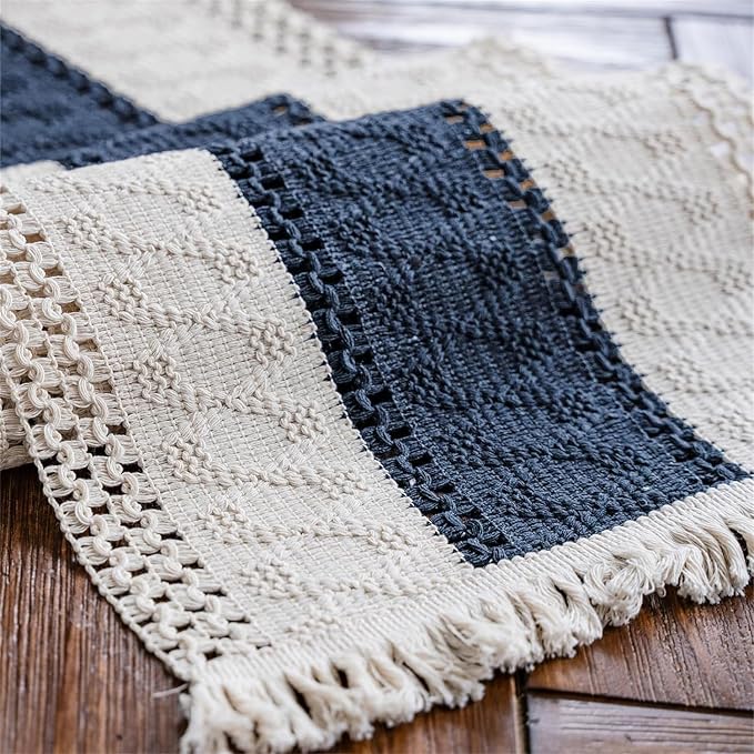 Macrame Table Runner Beige and Blue Boho Table Runners with Tassels 12x36 | Alynsehom Hand Woven Cotton Table Runner Rustic Farmhouse Table Runners for Bohemian Kitchen Dining Table