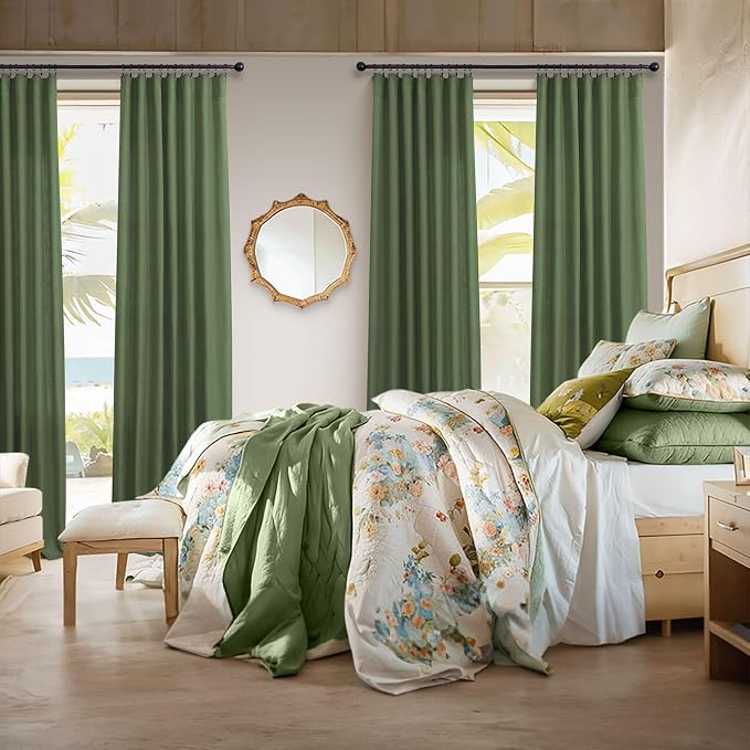 Olive Green Linen Curtains 84 Inch Length for Living Room 2 Panels Back Tab Pocket Moss Green Boho Drapes Light Filtering Sheer Cotton Neutral Aesthetic Army Green Boho Curtains for Bedroom 52x84 Long