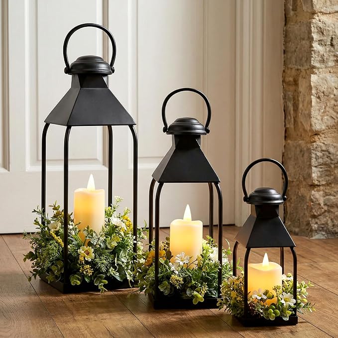 Decorative Metal Lanterns Indoor Outdoor, Set of 3 Outdoor Candle Holder | Candle Holder for Porch, Patio, Fireplace, Floor, Wedding & Christmas, Party Decoration, Holiday Table Centerpiece