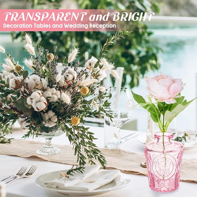 Inbagi 20 Pcs Glass Bud Vase Set - Pink Small Flower Vases Bulk, Vintage Embossed Decorative Bottles for Wedding Valentine Home Table Centerpieces Decor