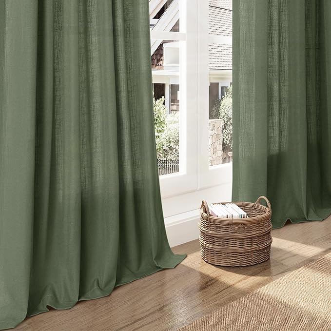 Forest Green Linen Curtains for Living Room 72 Inches Long Light Filtering Semi Sheer Curtain Back Tab and Rod Pocket Wabi Sabi Boho Decor Luxury Drapes for Bedroom Office 52x72, 2 Panels