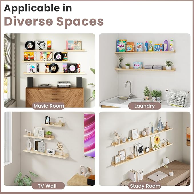 Long Floating Shelves for Wall, 48 inch Solid Wood Picture Ledge Shelf, Picture Shelf for Wall with Ledge, Floating Book Shelves for living room Bedroom Nursery Decor, Natural Unfinished, Set of 2