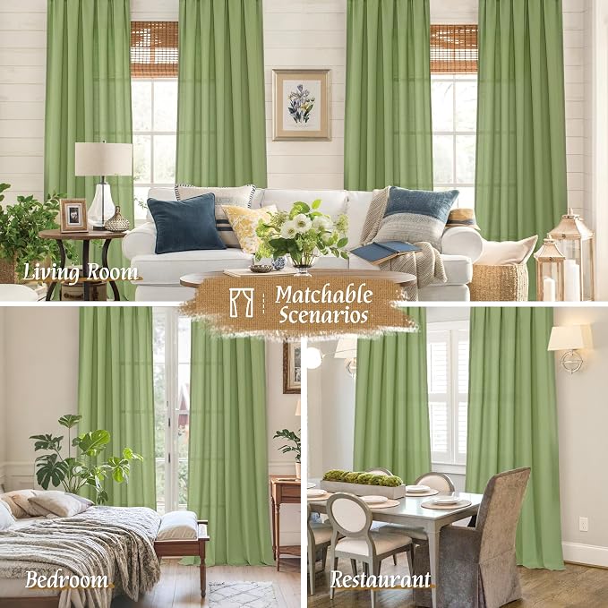 72 inch Length Green Semi Sheer Linen Curtains for Living Room | Light Filtering, Linen Textured, Boho, Spring Room Decor, Drapes for Farmhouse, Bedroom, Rod Pocket, 2 Panels, 52 x 72 Inch