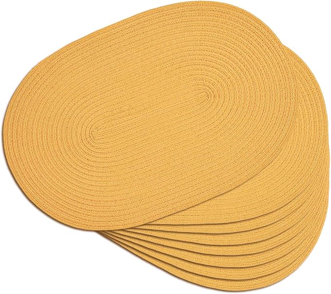 Placemats Set of 8, Woven Oval Braided Dining Table Mats(Mustard Yellow) | 12 x 17.5 Inch Size Fits Plates and Flatware; Hand Washable and Heat Resistant for Kitchen Use, with Farmhouse and Boho Style