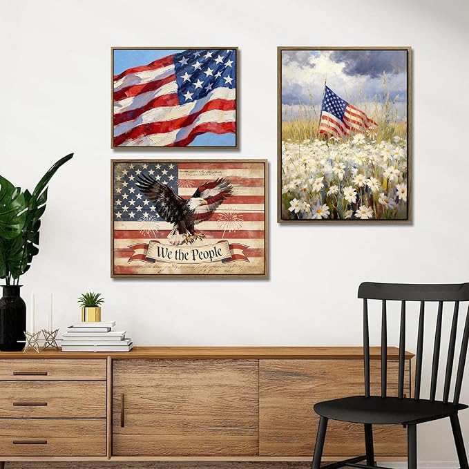 American Flag Framed Canvas Wall Art, 4th of July Patriotic Canvas Prints | Wildflower Landscape Poster Print, Vintage Rustic Independence Day Wall Decor for Bedroom Living Room Office 16×20in