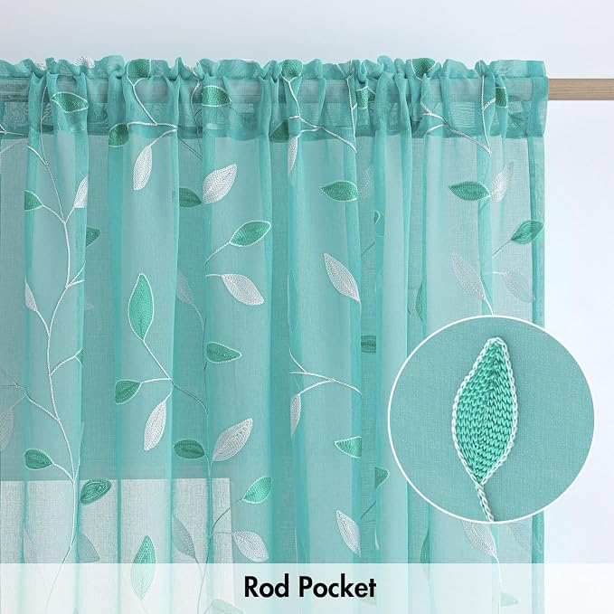 MIULEE Turquoise Sheer Curtains 2 Panels Leaf Patterned, W52 x L84 | Embroidered Floral Semi Sheer,Rod Pocket,Faux Linen,Short Window Curtains Drapes Set for Kitchen/Bathroom/Cafe