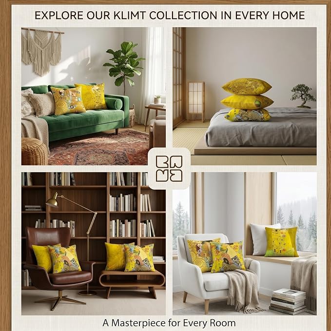 Klimt Art Pillow Covers 18x18 inch Set of 4 Famous Painting The Kiss by Gustav Klimt Cushion Covers Yellow Modern Decorative Pillow Cases for Sofa Couch Bed Office