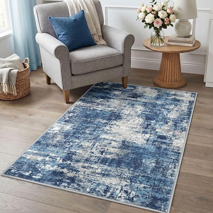 Lansny Abstract Washable Entryway Rug 3x5 Area Rug Non Slip Kitchen Rugs | Blue;Thin Printed Faux Wool Door Mat;Small Rugs;Front Door Rug;Indoor Entry Rug;Rubber Backed Floor Carpet;Throw Rugs