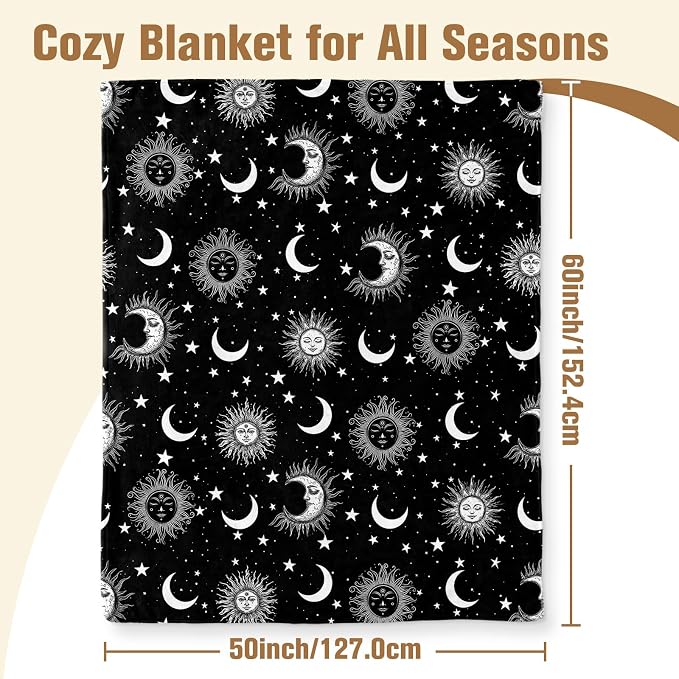 Celestial Blanket Witchy Star Sun and Moon Blankets Soft Flannel 50X60 Inch | Gothic Crescent Moon Throw Gifts for Girls Boys Women Men Whimsy Goth Decor Mystical Astrology Witchy Room Decor Sofa Bed
