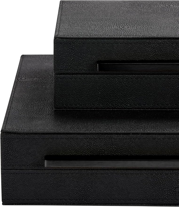 Set of 2 Decorative Boxes With Black Metal Handles，PU Faux Leather Jewelry Boxes Modern Storgage Boxes With Lids Keepsake And Memory Boxes,Home Organizer Box (Black-Black, 2pack)