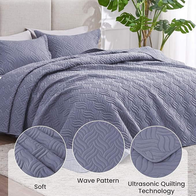 Love's cabin Twin Quilt Bedding Set Bluish Grey Bedspreads - Soft Bed Summer Lightweight Bedspread Comforter - Wave Pattern Bedding Coverlet for All Season - 2 Pieces (1 Quilt, 1 Pillow Sham)