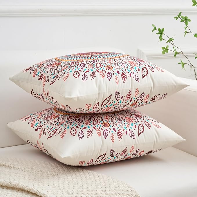 Boho Throw Pillow Covers 18X18 Inch Set of 2 Bohemian Soft Velvet Couch Pillow Cases Farmhouse Decorative Pillow Covers for Sofa Living Room Bedroom Outdoor Patio Porch Mandala Bloom