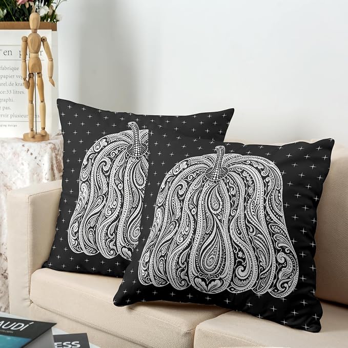 Black Pumpkin Fall Pillow Covers Autumn Thanksgiving Throw Pillow Covers 18x18 Set of 2 Harvest Pillow Cases Abstract Paisley Flower Cushion Cases for Sofa Patio Garden