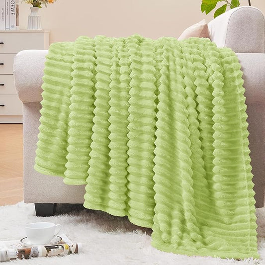BEDELITE Ribbed Jacquard Cream Lime Fleece Twin Blanket for Bed, 60x80 Inch | Soft Warm Decorative Fluffy Blanket, Cozy Plush Lightweight Fuzzy Throw Blanket for Couch Sofa Room Decor, Gift for Women