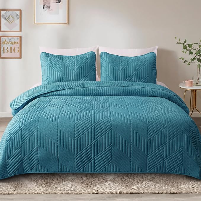 Exclusivo Mezcla Ultrasonic Full Queen Quilt Bedding Set, Teal | Lightweight Bedspreads, Soft Microfiber, Modern Geometric Coverlet, All Season Bed Cover, 1 Quilt and 2 Pillow Shams