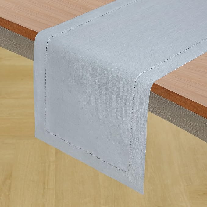 Solino Home 100% Pure Linen Table Runner Dusty Blue Hemstitch, 14 x 144 in | Classic Hemstitch, brings a tailored look to family meals and hosting, hemstitched border, soft, fine, OEKO-TEX Certified