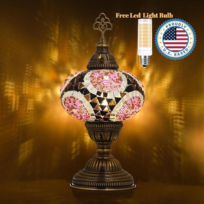 Turkish Lamp, Mosaic Table Lamp, Antique Moroccan Decorative Glass Bohemian Vintage Lamp Shade, Small Desk Tiffany Bedside Stained Glass Lamp with US Plug and E12 Socket