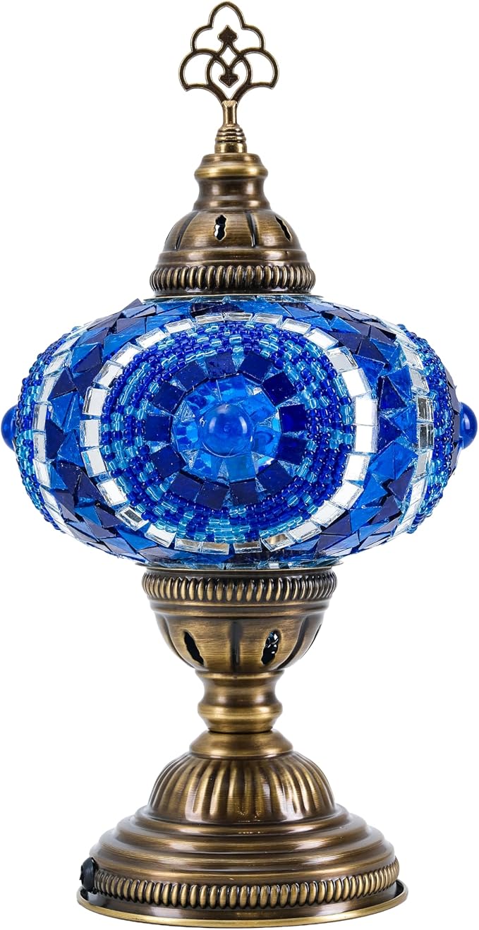 Turkish Lamp, Mosaic Table Lamp, Antique Moroccan Decorative Glass Bohemian Vintage Lamp Shade, Small Desk Tiffany Bedside Stained Glass Lamp with US Plug and E12 Socket
