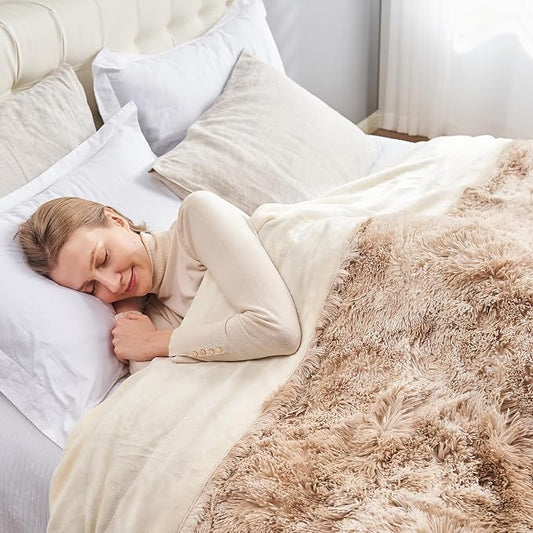 GONAAP Fuzzy Faux Fur Queen Blanket for Couch, Tie-dye Beige, 90"x90" | Warm Cozy Plush Shaggy Decorative Reversible Thick Non-Heated Fleece Blanket for Sofa Bed, Gift for Women Men, All Season Use