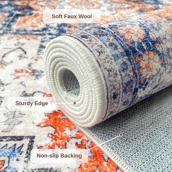 Blue 3x5 Entryway Rug, Non Slip Indoor 3x5 Washable Rug | Soft faux wool, machine washable & stain resistant. Non-slip rubber backing, low pile. For entryway, kitchen, hallway.