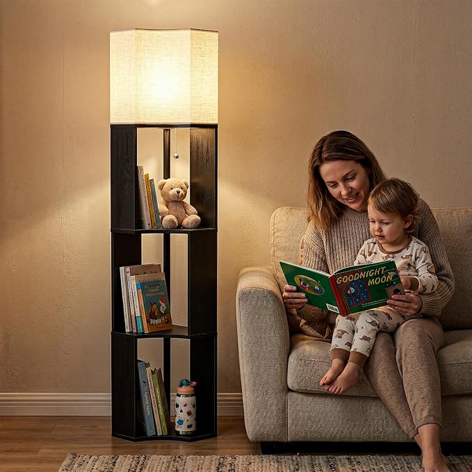 Floor Lamp with Shelves, Modern 3-Tier Wood Corner Storage Bookshelf Lamp for Living Room, 3 Color Temperatures LED Bulb Included, Tall Wooden Display Light, Black