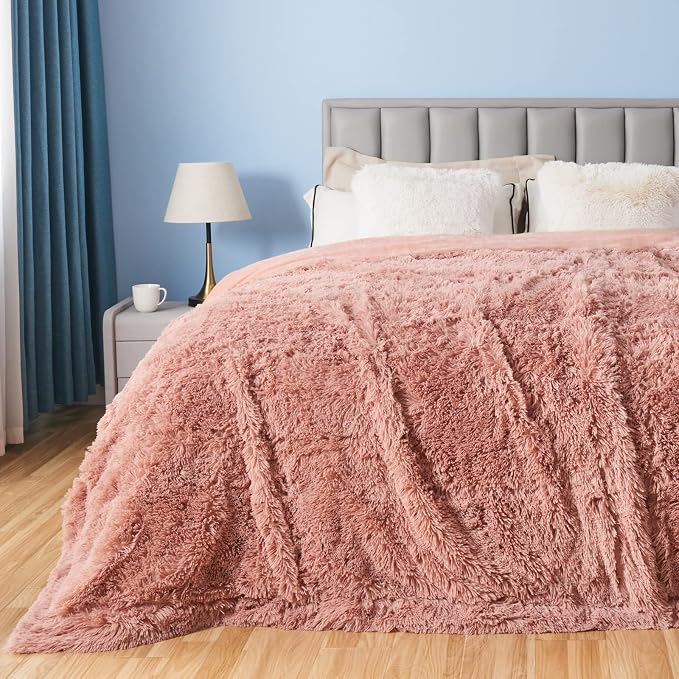 GONAAP Fuzzy Faux Fur Queen Blanket for Couch, Pink, 90"x90" | Warm Cozy Plush Shaggy Decorative Reversible Thick Non-Heated Fleece Blanket for Sofa Bed, Gift for Women Men, All Season Use