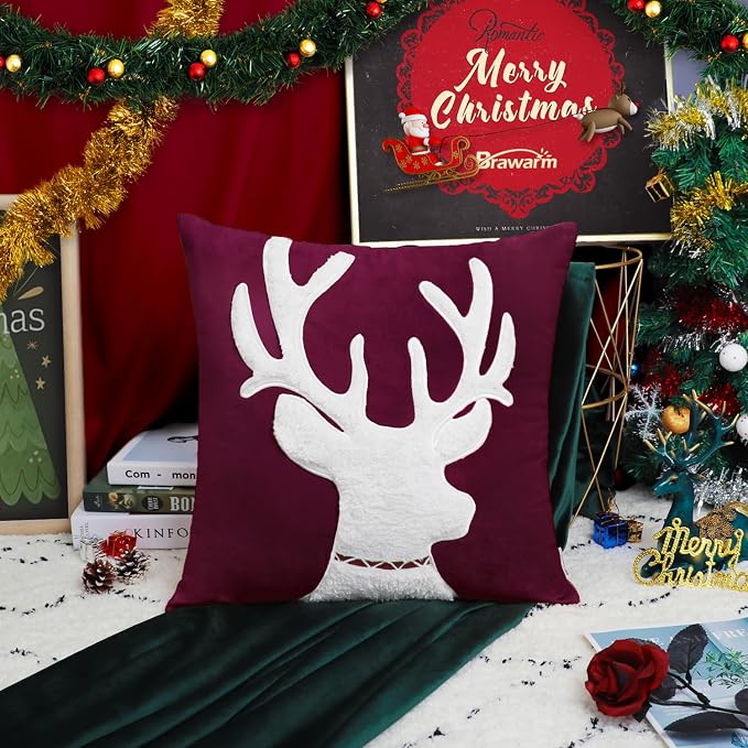 BRAWARM Christmas Pillow Cover 18 X 18 Inches, Burgundy Reindeer Embroidered Pillow Cover, Soft Velvet Decorative Throw Pillow for Couch Bed Sofa Living Room Home