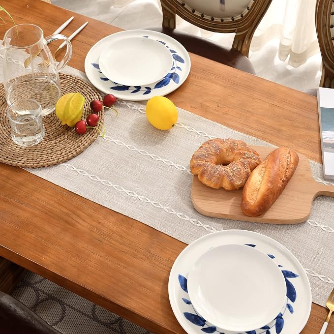 Wracra Rustic Linen Table Runner, Light Coffee Table Runners 60 inches Long | Raised Embroidered Design and Hand-Tassels;Cotton Linen Woven Fabric; Farmhouse Table Runner;Home Kitchen Dining Decor