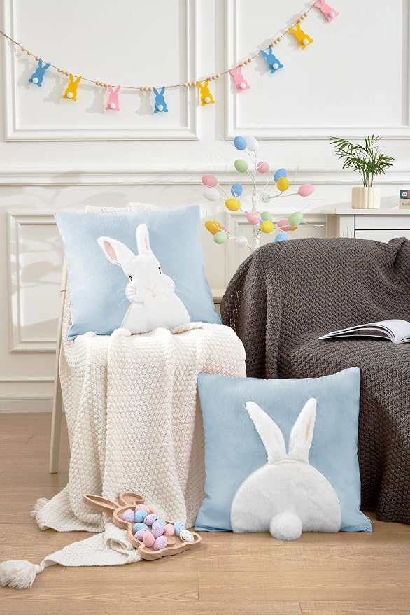 Pack of 2 Spring Easter Pillow Covers 18x18 Inch,3D Embroidered Bunny Rabbit Pillowcase Throw Covers Velvet Easter Decorative Cushion Cover (Blue-2PCS)