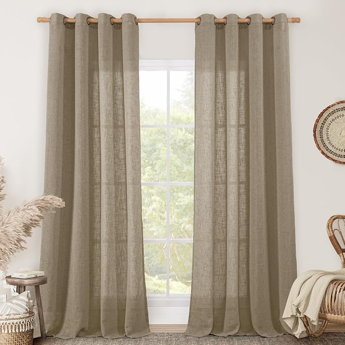 96 Inches Long Linen Sheer Curtains for Living Room 2 Panels | Taupe, Light Filtering Boho Drapes, Floor to Ceiling, Curtains for Bedroom, Sliding Glass Door, Bronze Grommet, 52 x 96 Inch