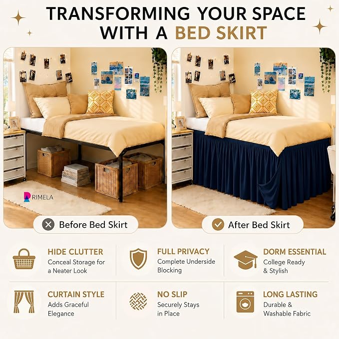 Dorm Room Bed Skirt Twin XL 42" Drop, College Split Corner Bedskirt, Navy | Solid ruffled, Wrap-around/elastic, Wrinkle & Fade resistant, with Adhesive Strips, Gift Packed, Machine Wash/Tumble Dry/Iron