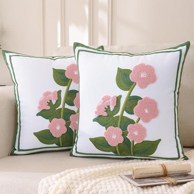 LUOYEHK Embroidered Throw Pillow Covers 18x18 Inch Set of 2 Pink Flower with Green Leaves Decorative Pillow Cases Spring Farmhouse Floral Cushion Covers for Couch Sofa Bed Living Room