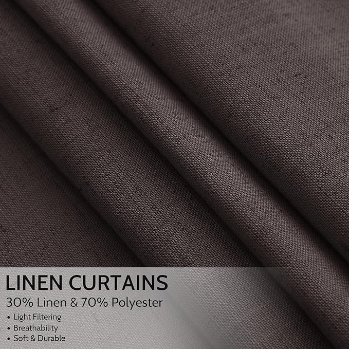 Cocoa Coffee Linen Blend Light Filtering Back Tab Curtains 108 Inches Long, Semi Sheer Privacy Drapes for Living Room & Bedroom, 52x108 inch, 2 Panels