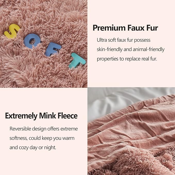 GONAAP Fuzzy Faux Fur Queen Blanket for Couch, Pink, 90"x90" | Warm Cozy Plush Shaggy Decorative Reversible Thick Non-Heated Fleece Blanket for Sofa Bed, Gift for Women Men, All Season Use