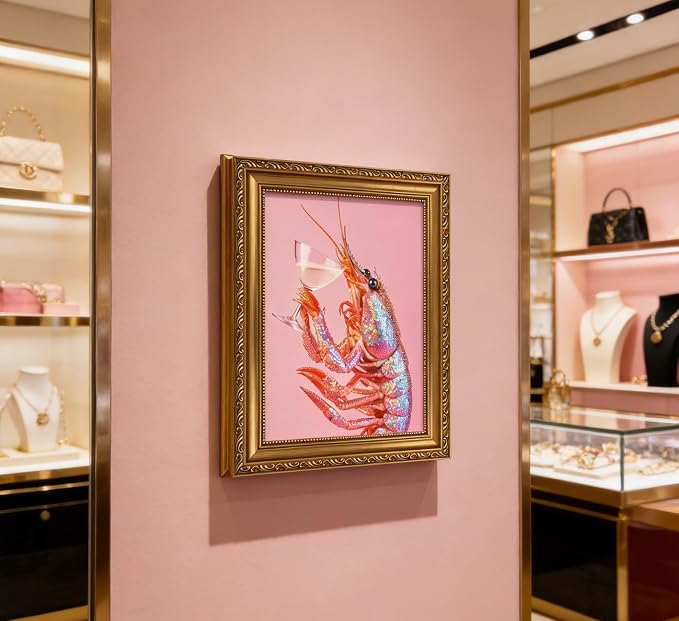 Vintage Gold Framed Bar Wall Art, Funny Pink Lobster With Martini Cocktail Canvas Print, Trendy Summer Coastal Beach Crayfish Painting Picture Poster Artwork for Kitchen Dining Room Restaurants