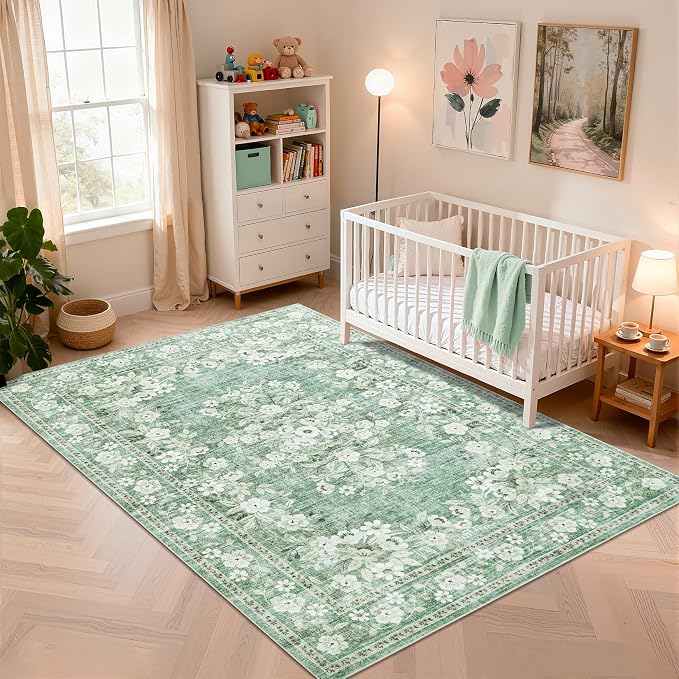 GarveeHome 5x7 Area Rug for Living Room Vintage Floral Rugs | Washable Botanical Floor Carpets Flower Bordered Accent Mats Non-Slip Low Pile Area Rug for Bedroom Dining Nursery Room Green