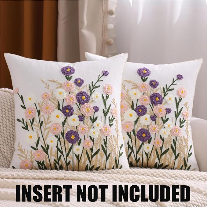 Embroidered Throw Pillow Covers 18x18 Pack of 2 Floral Pillow Covers Farmhouse Pillowcases Outdoor Garden Cushion Case Summer Decorations for Home (Purple and Pink Flower)