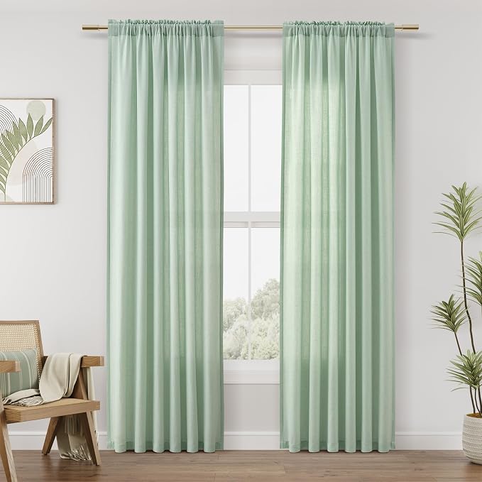 Aqua Green Linen Curtains 84 Inches Long 2 Panel Set Rod Pocket Semi Sheer Dining Room Cozy Bedroom Decor Cotton Look Country Rustic Farmhouse Boho Curtains 52x84