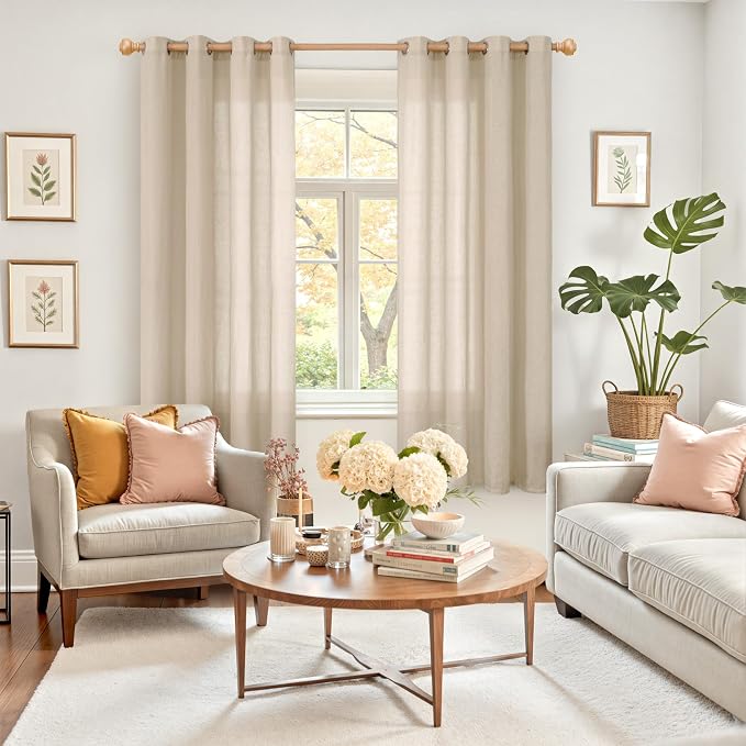 YoungsTex Tan Linen Semi Sheer Curtains 63 Inch Length for Living Room, Light Filtering Drapes with Grommet Lightweight for Bedroom Farmhouse, 2 Panels, 52 X 63 Inch