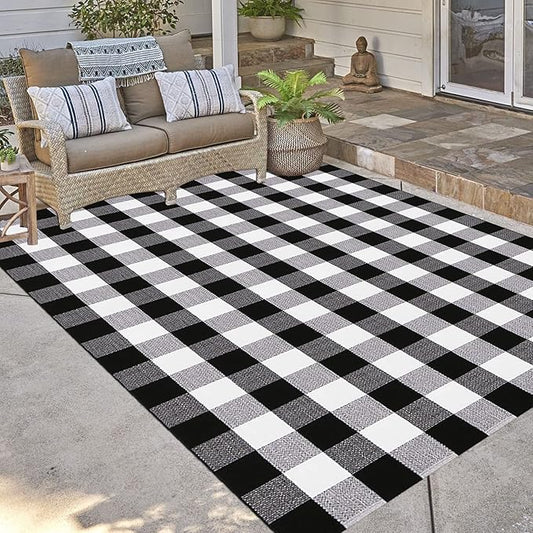 Bottalive Buffalo Plaid Outdoor Rugs, 5'x7' Black and White Checkered Area Rug, Washable Cotton Woven Indoor/Outdoor Rug for Farmhouse/Patio/Front Porch/Living Room/Laundry Room/Bedroom Décor