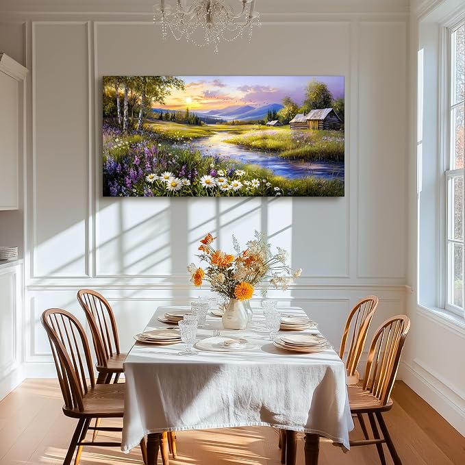 SERIMINO River Landscape Wall Decor, Countryside Sunset Art Prints 24"X48" | Rustic Country Wall Art, Meadow Wildflower Canvas Pictures, Bedroom Kitchen Decor, Ready To Hang, Fade-resistant Inks