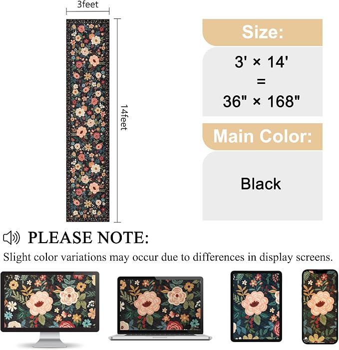 DUKINO 3x14 Washable Runner Rug, Non Slip Long Kitchen Runner Rug, Black | Soft, Low Pile, Floral Indoor Carpet Runner for Hallway, Entryway, Bedroom, Bathroom, Laundry, Pet Friendly, Home Decor