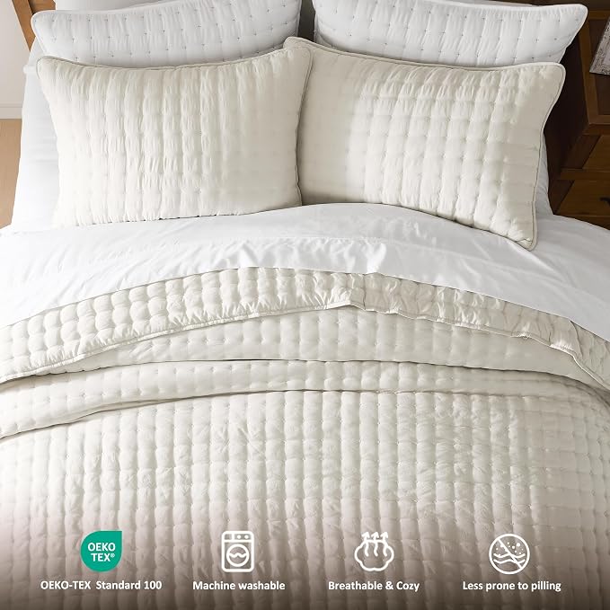 WDCOZY King Size Quilt Bedding Sets with 2 Pillow Shams, Ivory Lightweight Soft Bedspread Coverlet, Quilted Blanket Thin Comforter Bed Cover for All Season, 3 Pieces, 104x90 inches