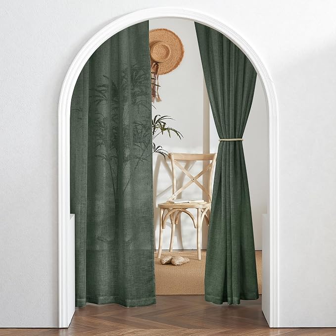 RYB HOME Farmhouse Boho Linen Sheer Curtains 90 inches Long for Living Room | Flax Linen Blend,Light Filtering,Semi Sheer,Wrinkle Resistance,Back Tab,Dorm Dining Room,W52 x L90,2 Panels,Hunter Green