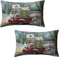 Christmas Lumbar Pillow Covers 12x20 Red Truck with Christmas Trees Snowman Rectangle Pillow Case Xmas Holiday Waist Cushion Case for Bedding Couch Patio Bench Set of 2
