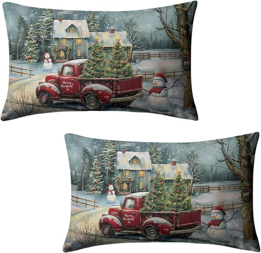 Christmas Lumbar Pillow Covers 12x20 Red Truck with Christmas Trees Snowman Rectangle Pillow Case Xmas Holiday Waist Cushion Case for Bedding Couch Patio Bench Set of 2